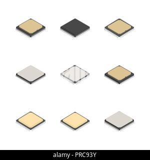 Satz von Prozessoren in verschiedenen Formen auf weißem Hintergrund. Elements Design von elektronischen Bauteilen. Flache isometrische 3D-Stil, Vektor illustra Stock Vektor