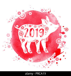 Nettes Schwein Symbol des chinesischen Tierkreises für 2019 Das neue Jahr. Silhouette von Schwein auf ein rosafarbenes Aquarell Hintergrund. Abbildung gezeichnet Stockfoto