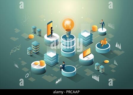 Digitaler Kern, Unternehmen, Finanzen und Netzwerke Daten isometrische Infografik mit Vorstellung der Menschen. Stock Vektor