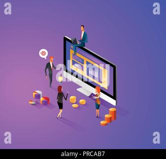 Moderne flache Bauweise isometrische Konzept der Verwalten Sie Ihre Daten für die Website und mobile Website. Landing Page Template, dunkel lila Thema. Einfach zu bearbeiten und anpassen. Vector Illustration. Stock Vektor