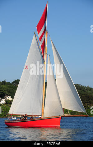 Traditionelle Falmouth arbeiten Boot unter Segeln in der Fal estuary Stockfoto