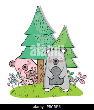 Cute bear Paar mit Pinien Stock Vektor
