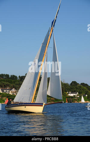 Traditionelle Falmouth arbeiten Boot unter Segeln in der Fal estuary Stockfoto