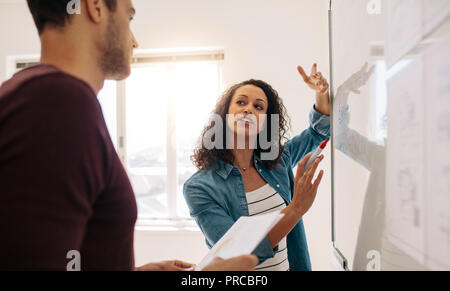 Unternehmerin diskutiert Geschäftsideen und -Pläne auf einem Vorstand im Büro. Geschäftsfrau schreibt auf einem Whiteboard und erklärt, während ihr Kollege Stockfoto