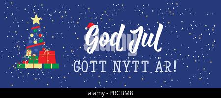 Weihnachten Banner. Schwedische Text: Frohe Weihnachten. Frohes neues Jahr. Schriftzug. Vector Illustration. Element für Flyer, Banner und Poster Moderne calligr Stock Vektor