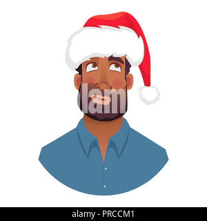 Afrikanische Mann in einem Santa Claus hat. Portrait der afrikanischen amerikanischen Mann. Afrikanische amerikanische Mann Gesicht Ausdruck. Menschliche Gefühle Symbol. Eingestellt von Cartoon illustra Stockfoto
