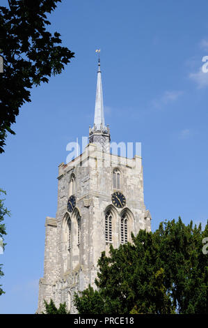 Der Turm von St. Mary's Church, Ashwell, Hertfordshire, steigt zu einer Höhe von 176 Meter und wird von einer achteckigen Laterne gekrönt und verbleites Spike. Stockfoto