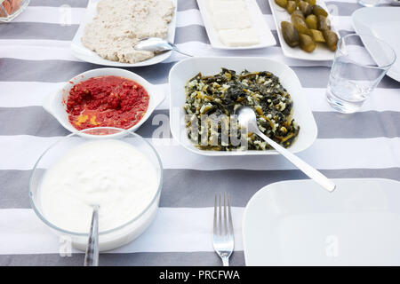 Türkische Vorspeisen gekochter Mangold, Joghurt, Käse, pürierte Tomaten, Hummus und Pickles auf einem Tisch unter natürlichem Licht am Nachmittag serviert. Stockfoto