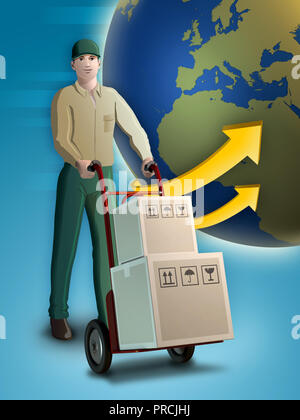 Lieferung Mann, der einige Pakete auf einem Trolley. Digitale Illustration. Stockfoto