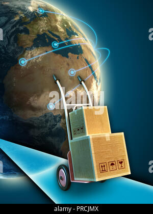 Eine Katze, die einige Kisten. Earth Globus auf Hintergrund, mit Linien verbinden verschiedene Städte auf der Welt. Digitale Illustration. Stockfoto