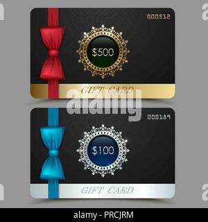 Gutschein vorlagen. Der Discount Zertifikate. Vector Illustration der Coupons mit 100 Dollar wert. Hochwertige Werbemittel Karte mit roter Schleife Stock Vektor