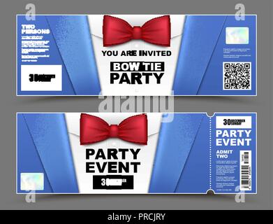 Vektor horizontale Cocktail Party Einladungen. Red Bow Tie offizielle isoliert Geschäftsleute Banner. Elegante Party ticket Karte mit blauen Anzug Stock Vektor