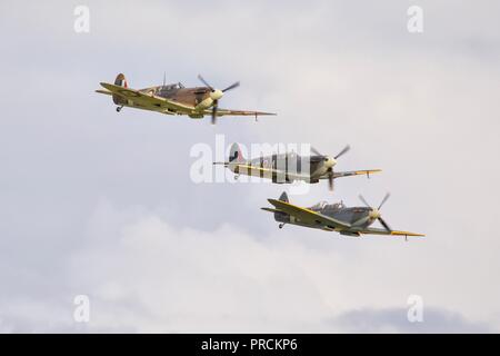 Baum Supermarine Spitfires im Formationsflug in der Schlacht von Großbritannien Airshow in Duxford am 23. September 2018 Stockfoto