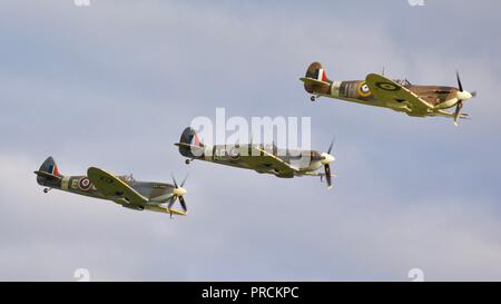 Baum Supermarine Spitfires im Formationsflug in der Schlacht von Großbritannien Airshow in Duxford am 23. September 2018 Stockfoto