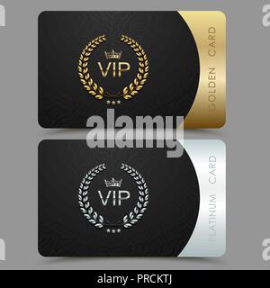 Vektor VIP-goldenen und Platin card. Schwarze geometrische Muster Hintergrund mit Krone Lorbeerkranz. Luxus Design für VIP-Mitglied. Stock Vektor