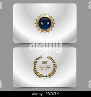 Vector silber metallic vip-card Präsentation. VIP-Mitgliedschaft oder Discount Card mit goldener Krone, Lorbeerkranz. Luxury Club Ticket. Elite geometrische Stock Vektor