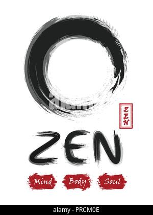 Enso zen Kreis. Sumi-e Design. Schwarze und graue überschneiden. Roten Stempel mit Kalligrafischen zen Alphabet. Weiß isoliert Hintergrund. Vektor illustr Stock Vektor