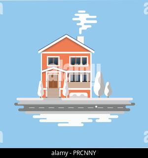 Winter Haus. Vektor Bild des Orange brick Weihnachten Häuser mit Schnee bedeckt. Winter Hintergrund mit Cartoon Häuser. Winter. Stock Vektor