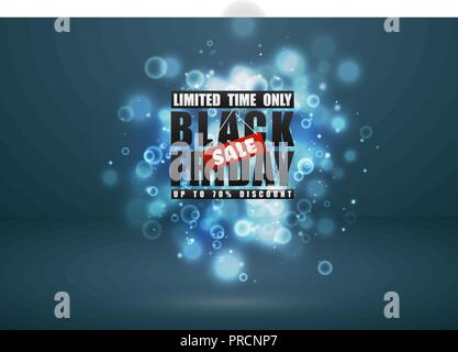 Schwarzer Freitag verkauf Banner. Schwarzer Text mit Red Tag und Glühen funken Bokeh Effekt auf blau grün Hintergrund. Nur für kurze Zeit. Bis zu 70 Prozent Rabatt. Stock Vektor