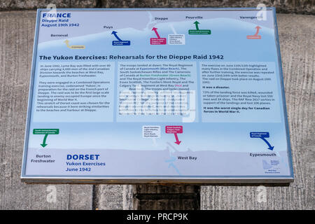 Information Board Detaillierung der Dieppe Raid Rehersals im Zweiten Weltkrieg - Bridport Harbour, West Bay, Dorset, Großbritannien. Stockfoto