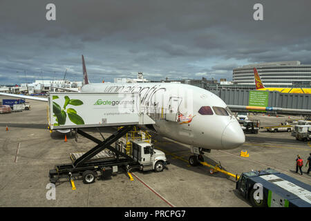 Flughafen Seattle Tacoma, WA, USA - JUNI 2018: Gate Gourmet hydraulische Stapler laden Catering liefert auf einen Virgin Atlantic Boeing 787 Dreamliner. Stockfoto