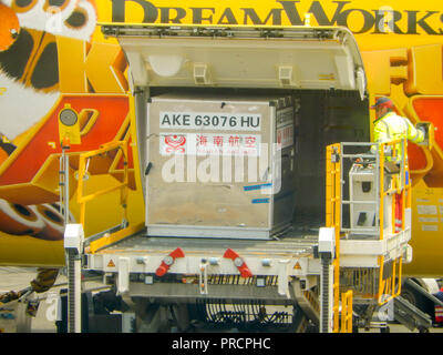 SEATTLE, WA - JUNI 2019: Luftfracht Palette in den Laderaum ein Hainan Airlines Boeing 787 Dreamliner in Seattle Tacoma Airport geladen wird. Stockfoto