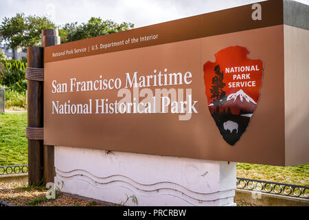 SAN FRANCISCO, Kalifornien, USA - 15. MAI 2018: Informationsstand des Marine National Historical Park von San Francisco. Stockfoto