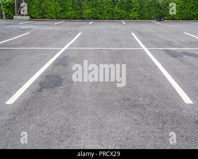 Leeren Raum auf Parkplatz öffentlich im Park. Parkstreifen outdoor mit Green Bush. Stockfoto