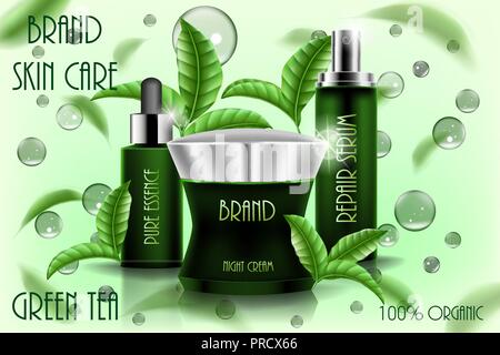 Feuchtigkeitsspendenden kosmetischen ads Template, 3D-cosmetic product design mit Fliegenden Blätter. Creme, Spray Serum und reine Essenz realistische Glasflasche isoliert. Stock Vektor