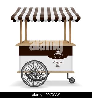 Realistische Street Food Warenkorb mit Rädern. Mobile Kaffee markt Vorlage abgewürgt. Heißer Kaffee Kiosk Store mockup isoliert. Vector Illustration Stock Vektor