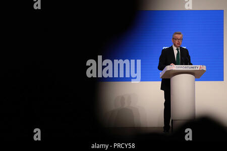 Umweltminister Michael Gove, in seiner Rede auf der jährlichen Konferenz der Konservativen Partei in der International Convention Centre, Birmingham. Stockfoto