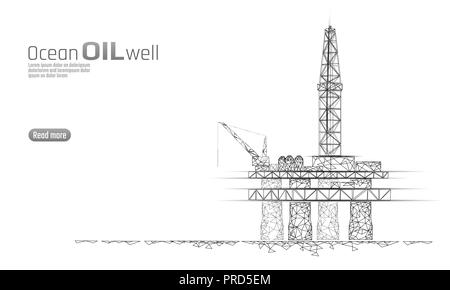 Ozean Öl Gas Bohranlage Low Poly Geschäftskonzept. Finanzen Wirtschaft polygonalen Benzin Produktion. Petroleum fuel industry offshore Extraktion ladebäumen Line Connection dots white Vector Illustration Stock Vektor