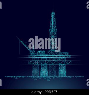 Ozean Öl Gas Bohranlage Low Poly Geschäftskonzept. Finanzen Wirtschaft polygonalen Benzin Produktion. Petroleum fuel industry offshore Extraktion ladebäumen Line Connection Dots blau Vector Illustration Stock Vektor