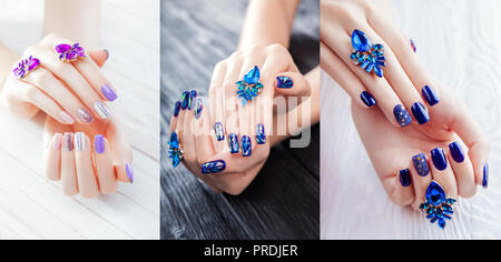 Drei Arten von Maniküre mit Ohrringe auf weißen und schwarzen Holz- Hintergrund. Kombination von lila, weiss, blau Farben und funkelt. Stockfoto