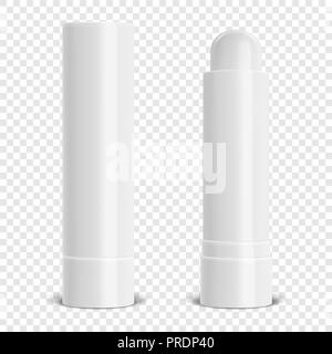 Vektor realistische 3D-white blank glänzend geschlossen und Lip Balm Stick oder hygienische Lippenstift set Closeup auf Transparenz grid Hintergrund geöffnet. Design Template für Grafik, Vektor mockup. Kosmetik-, hygienische Lippenstift, Make-up. Ansicht von vorn Stock Vektor