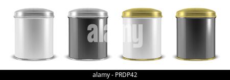 Vektor realistische 3D-weiß leer Metall Aluminium Zinn kann Container mit Silber und Gold Cap in verschiedenen Farben - schwarz und weiß - Icon Set closeup auf weißem Hintergrund. Design Template für Grafiken, Verpackung Baby Powder Milch, Tee, Kaffee, Müsli und anderen Produkten, mockup. Ansicht von vorn Stock Vektor