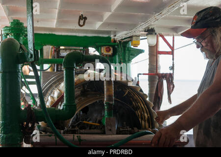 Ein Fischer betrieb eine Garnele Sortiermaschine. Stockfoto