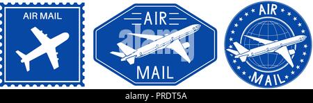 Blau Briefmarken. Air Mail mit dem Flugzeug Stock Vektor