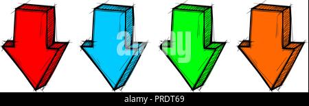 Nach-unten-Pfeile. Gerade schildern. Farbige Hand gezeichnet Doodles Stock Vektor