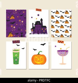 Satz von Cute Vector Halloween Aufkleber von Kürbis, Schloss, Cat, ghost, Süßigkeiten, bat, Hut, Cocktails. Elemente, Objekte für Holiday Card, Holliday invitat Stock Vektor