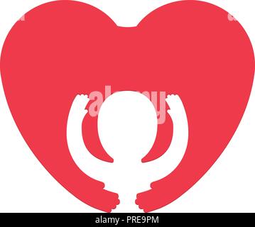 Kinder s Tag logo Konzept - Baby in rotes Herz-hugging Hände Pflege für Kinder, Nächstenliebe Symbol. Stock Vektor