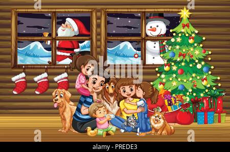 Weihnachten mit der Familie im Wohnzimmer mit Baum Abbildung Stock Vektor