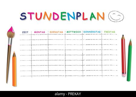 Bunte Schule Zeitplan für Schülerinnen oder Schüler mit Tagen der Woche und Freiräume für Notizen Vector Illustration Stock Vektor