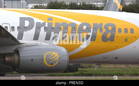 Ein Primera Flugzeug am Flughafen Stansted, der Dänischen Diskont Fluggesellschaft hat aufgehört, Operationen vor der Füllung für Bankrott und Passagiere haben gewarnt worden, nicht für Flüge zu drehen. Stockfoto