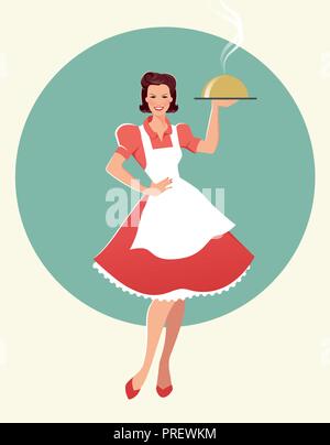 Hausfrau mit einem Tablett mit Abendessen. Retro Style. Vector Illustration Stock Vektor