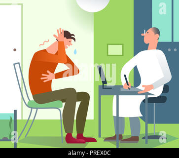 Patient Arzt Beratung. Arzt therapeut Prüfung der junge Mann für die Diagnose. Einfache flache Cartoon Illustration Stockfoto