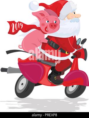 Santa Claus und Schwein auf einem roten Roller Stock Vektor