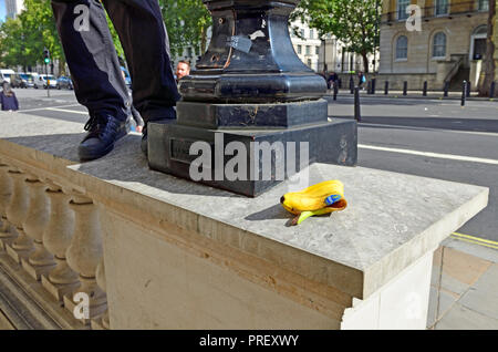 Mann (Fotograf) stehen auf einer Wand in Whitehall neben einer Bananenschale. London, England, UK. Stockfoto