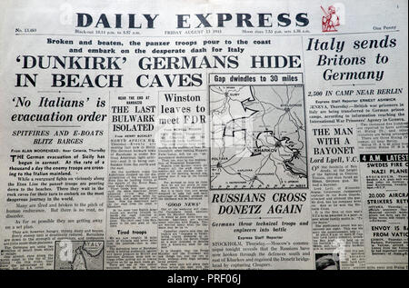 Titelseite Schlagzeilen Vintage Daily Express Zeitung 'Dunkirk Germans Hide in Beach Caves' London England Vereinigtes Königreich August 1943 Archiv des Zweiten Weltkriegs Stockfoto