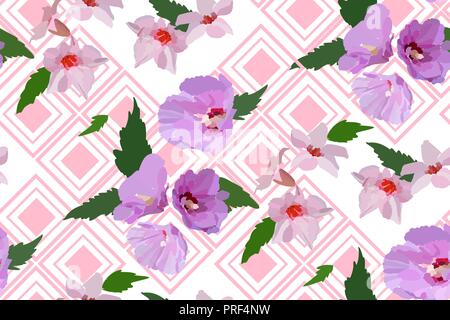 Florale nahtlose Muster mit Hibiskus Blüten und Blätter. Botanische Illustration von Hand gemalt. Textildruck, fabric Swatch, Geschenkpapier. Stock Vektor